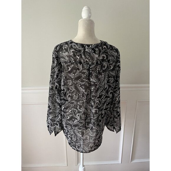 Gap Black & Cream Print Popover Blouse Semi Sheer L - Picture 4 of 5